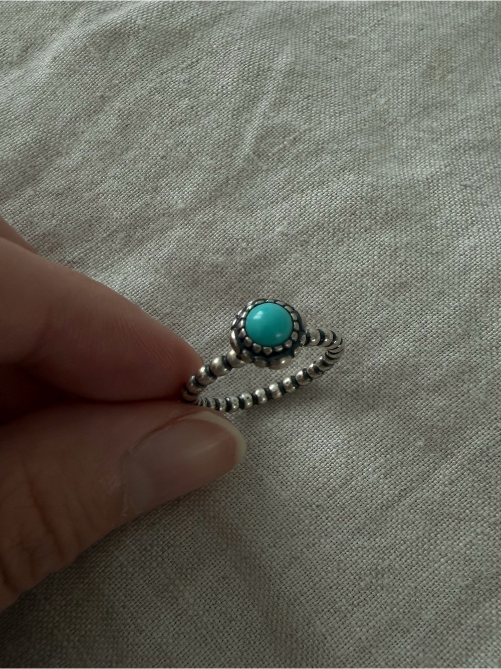 Vintage Pandora Silver Beaded Ring with Turquoise Stone size 52
